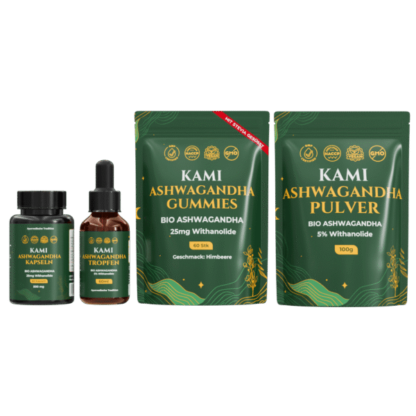 Kami Ashwagandha Kapseln Gummies Tropfen Pulver Set