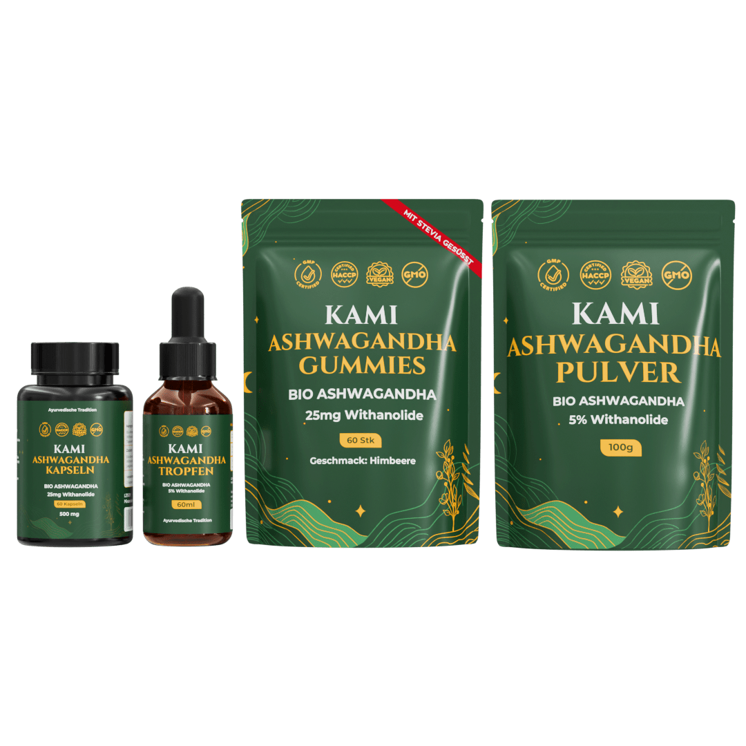 Kami Ashwagandha Kapseln Gummies Tropfen Pulver Set
