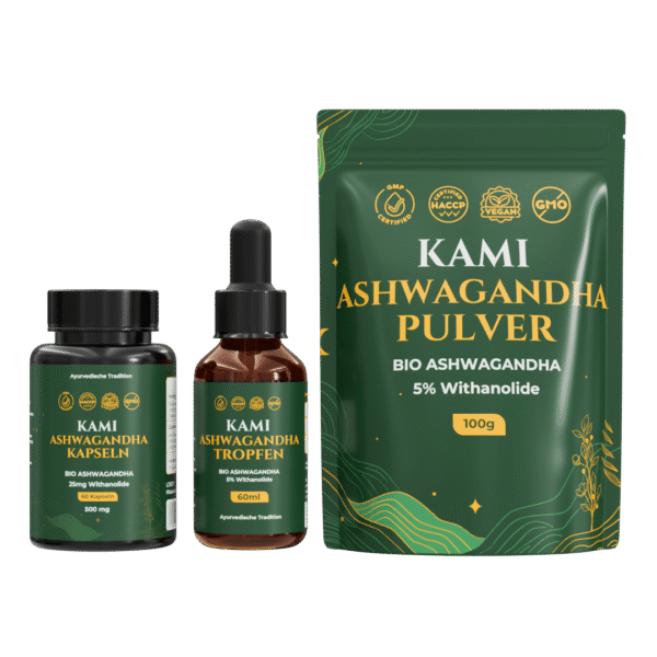 Kami Ashwagandha Kapseln Tropfen Pulver Set