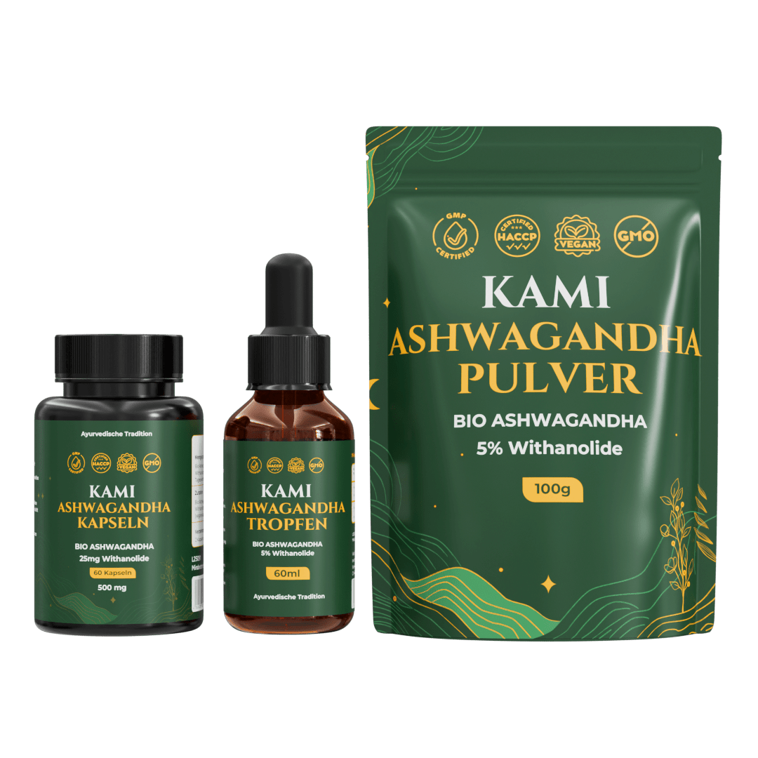 Kami Ashwagandha Kapseln Tropfen Pulver Set